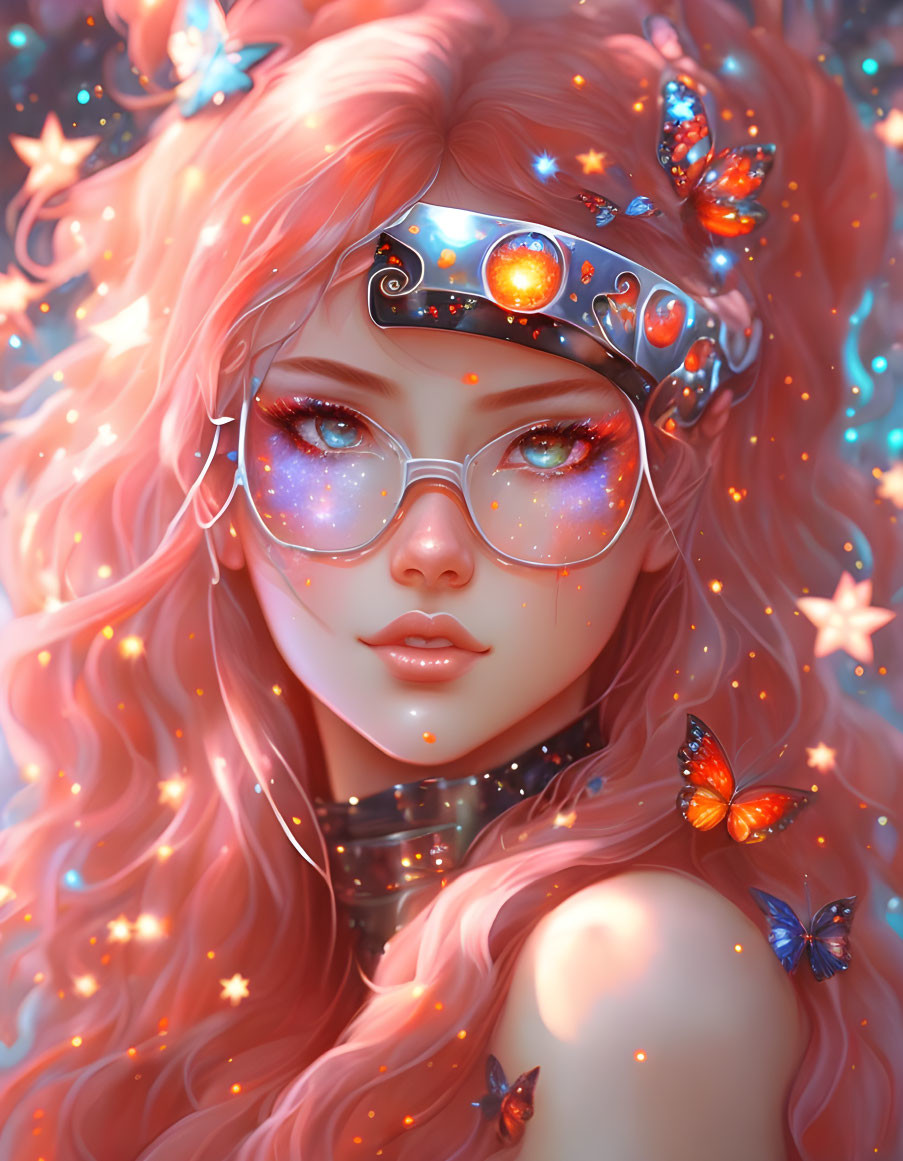 Digital artwork: Girl with pink hair, sparkling glasses, starry headband, and animated butterflies.