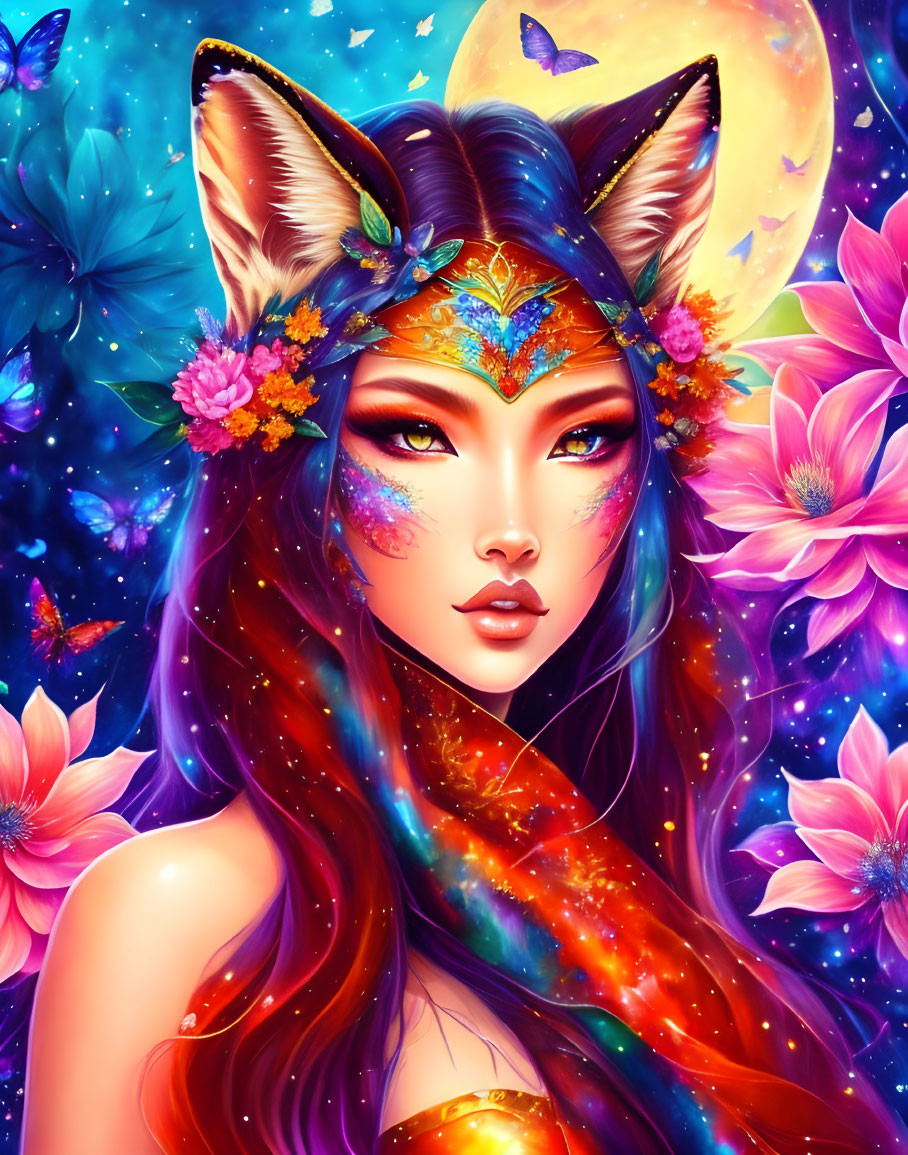 Mystical fox woman illustration under luminous full moon