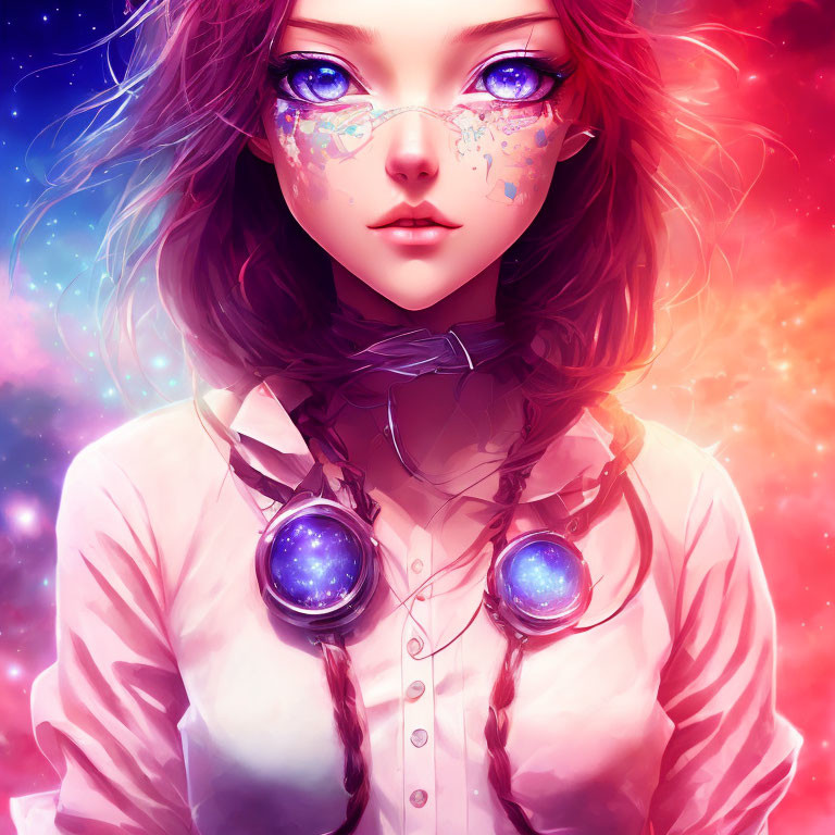 Colorful digital art: girl with purple hair, celestial headphones, galaxy face paint, red and blue