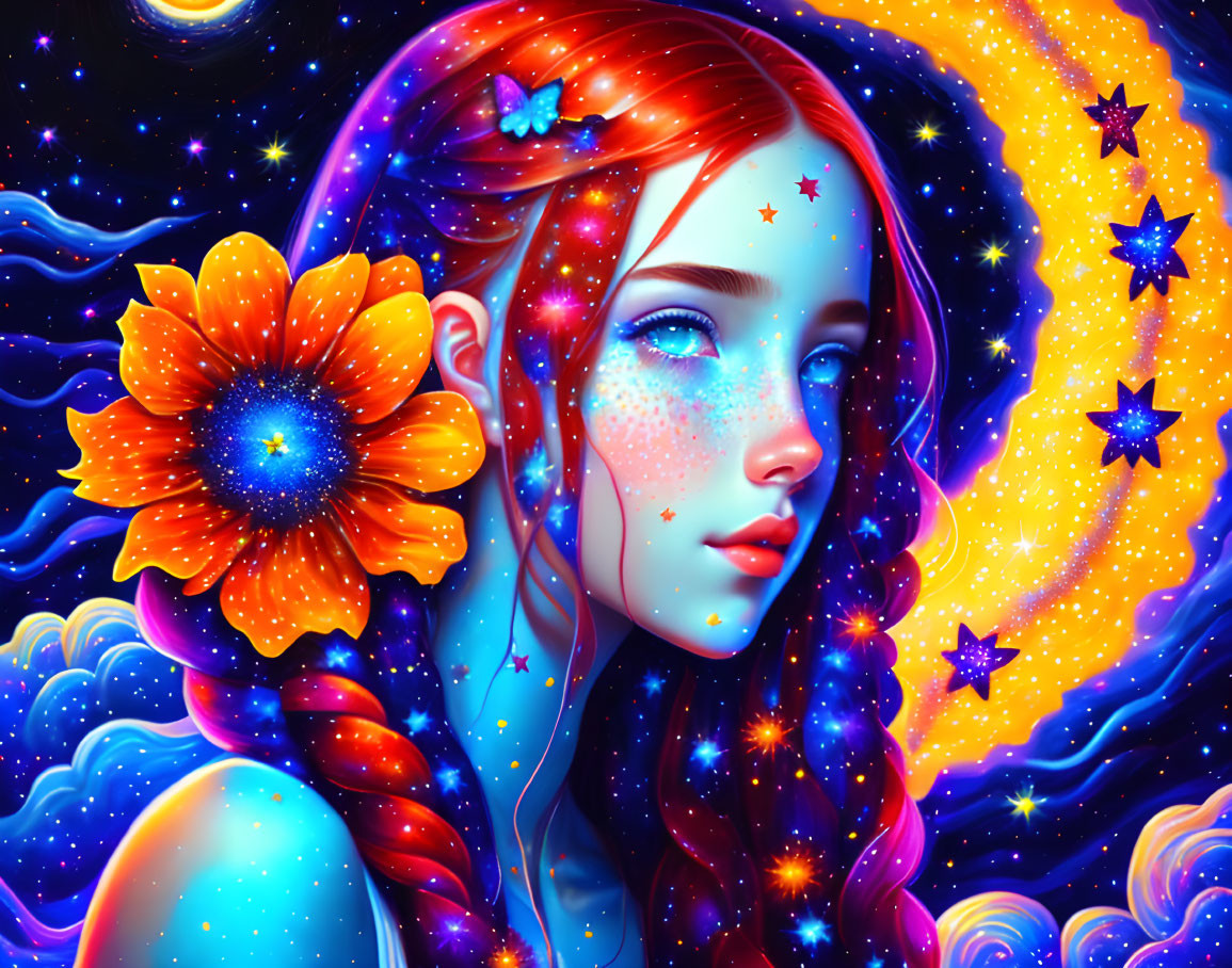 Colorful cosmic-themed woman with red hair and flower in hair surrounded by stars