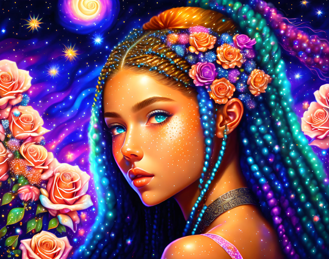 Colorful illustration: Woman with blue braids and floral hair against cosmic backdrop