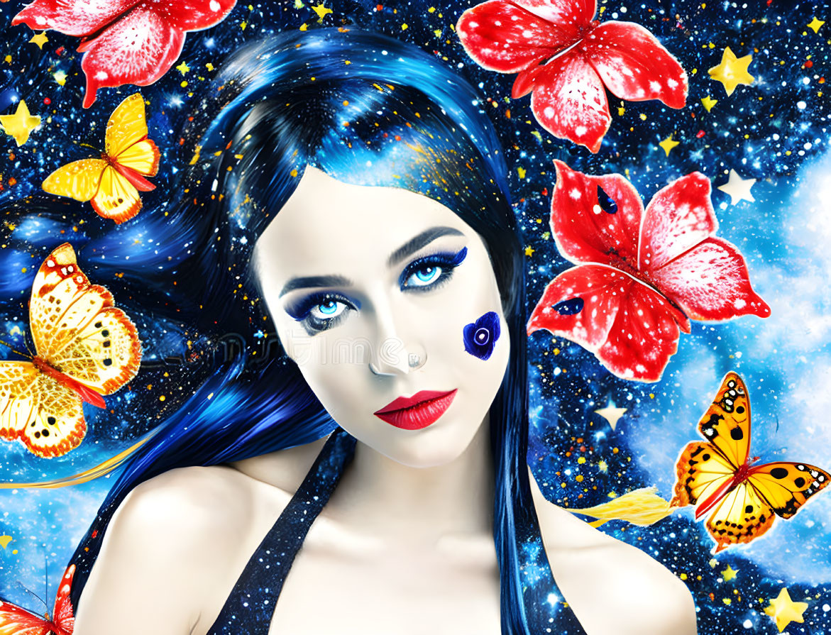 Colorful artwork: Woman with blue hair and butterflies on starry backdrop