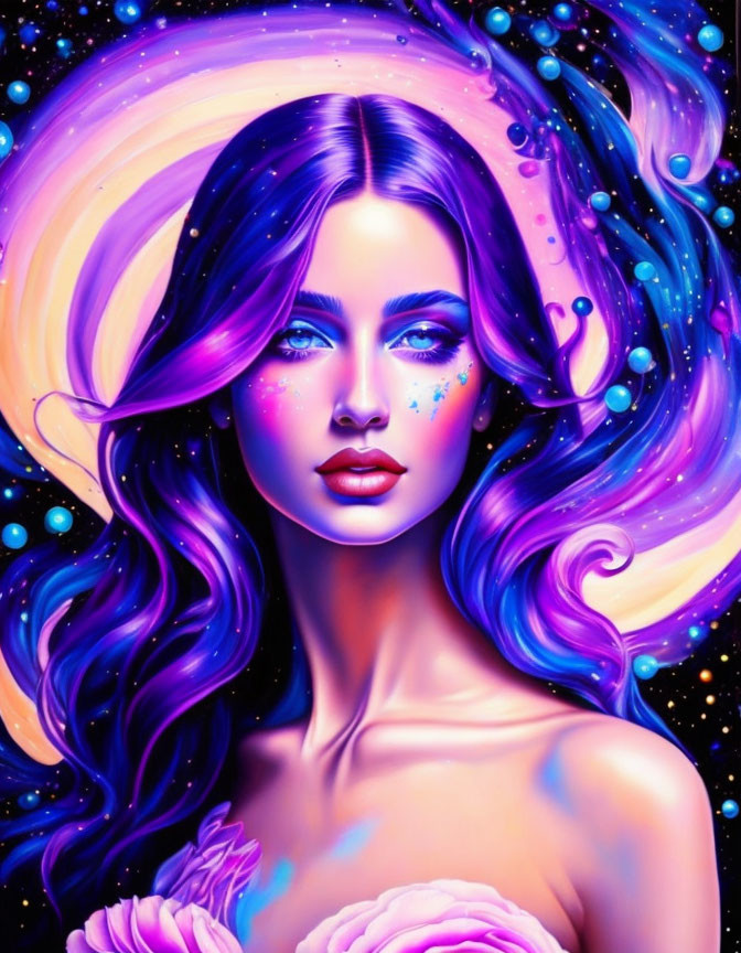 Colorful digital portrait of woman with purple hair and cosmic makeup in space.