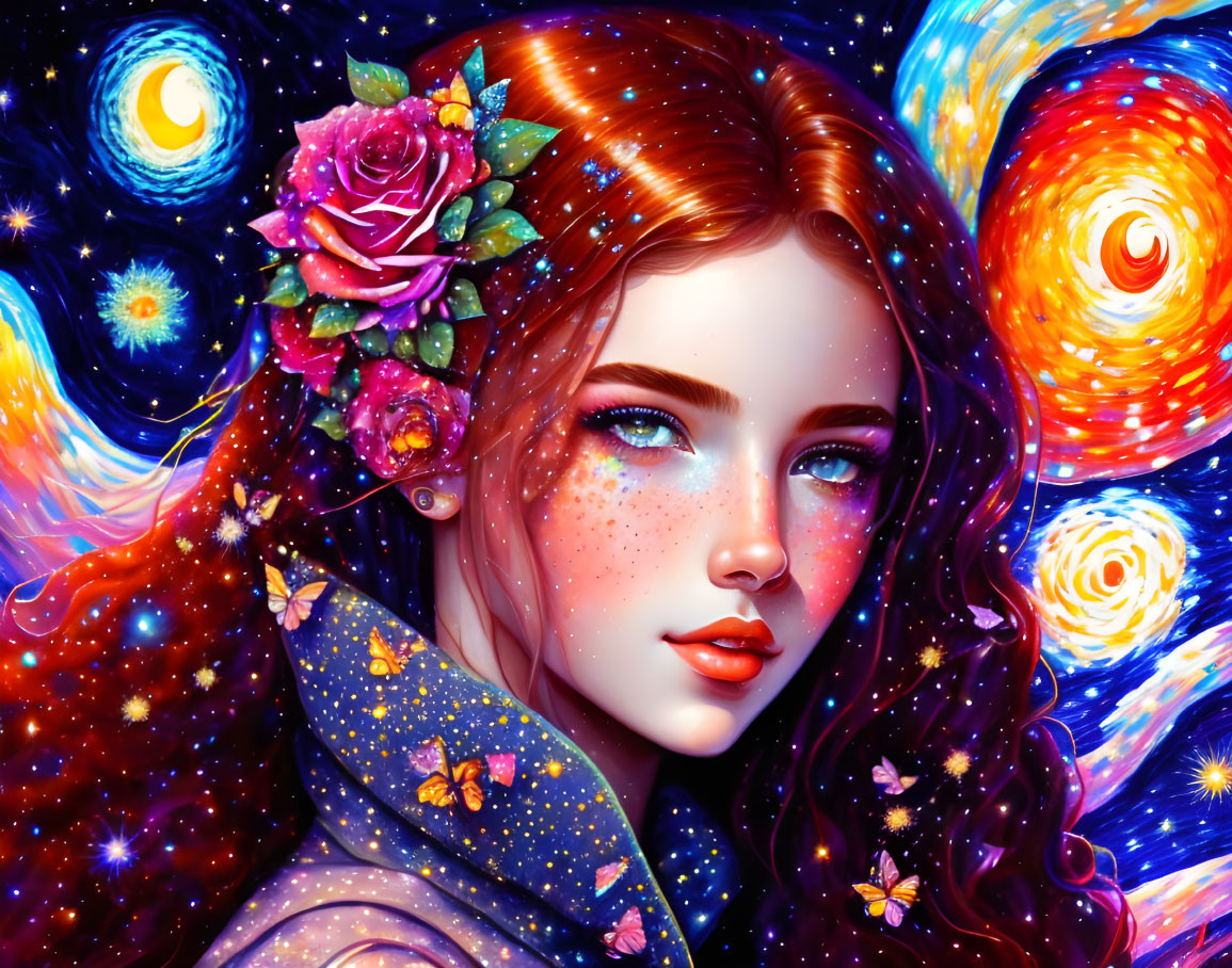 Digital art: Woman with red hair and floral crown in cosmic setting.