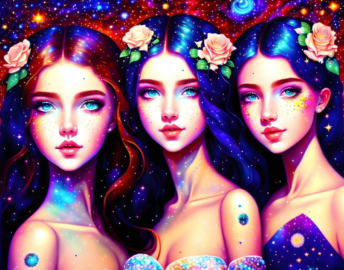 Stylized female figures with cosmic skin and floral hair on starry backdrop