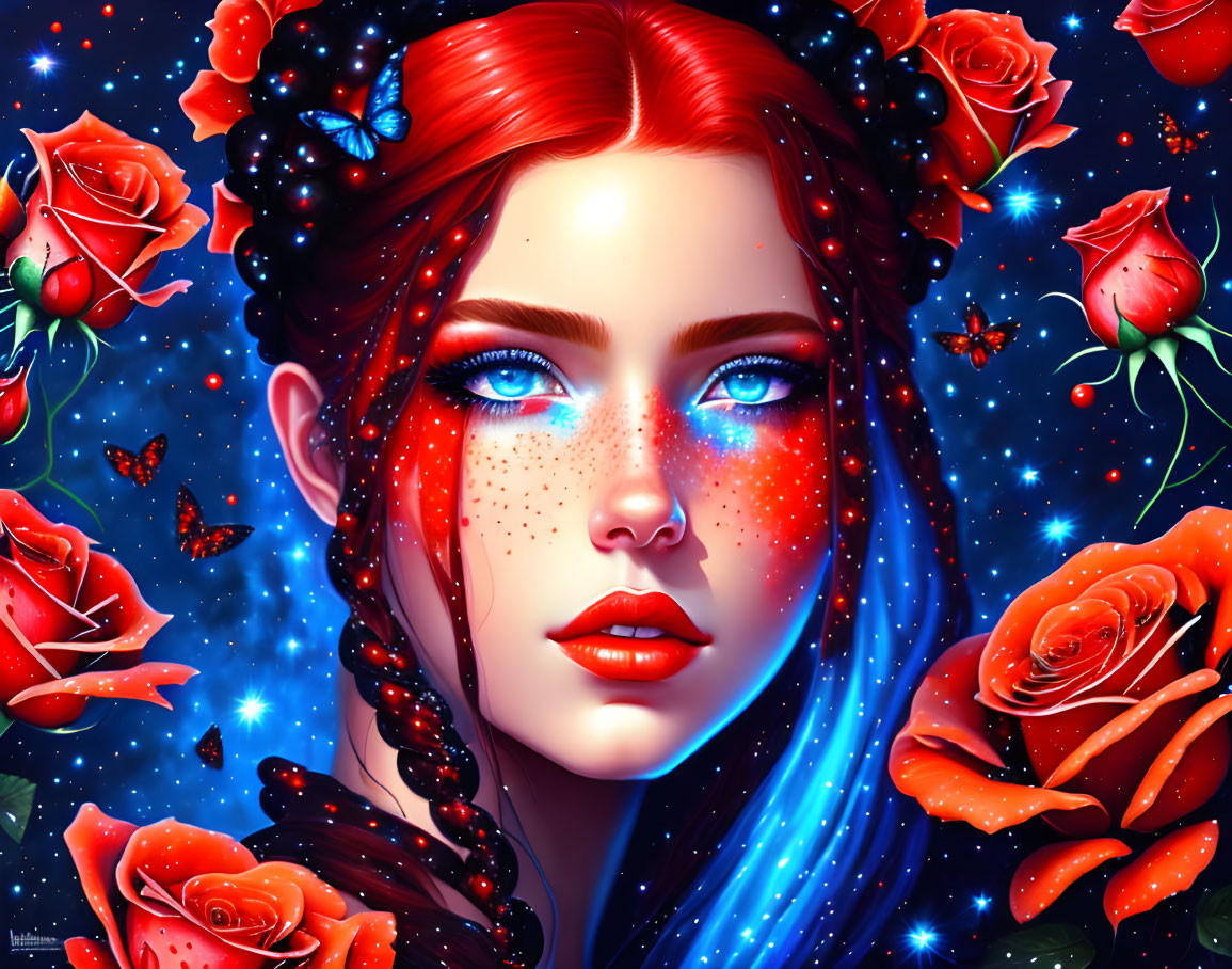 Digital artwork of woman with blue eyes, red hair, roses, starry night & butterflies