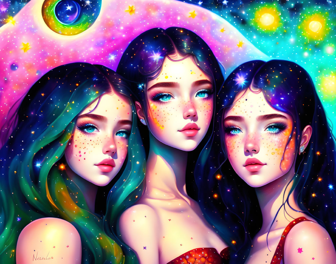 Celestial-themed female figures in vibrant cosmic setting