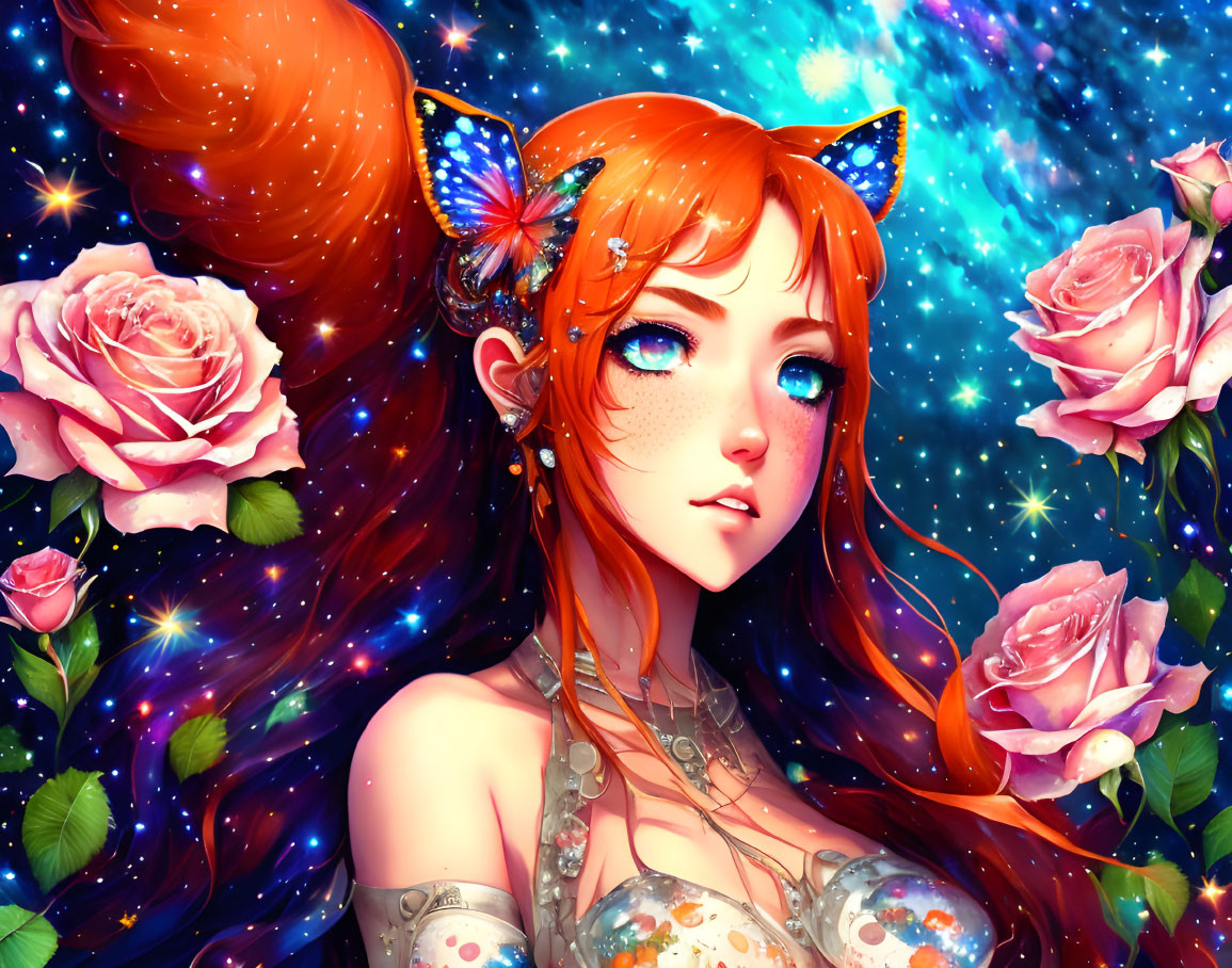 Colorful Portrait of Girl with Orange Hair and Butterfly Clips Among Roses on Starry Backdrop