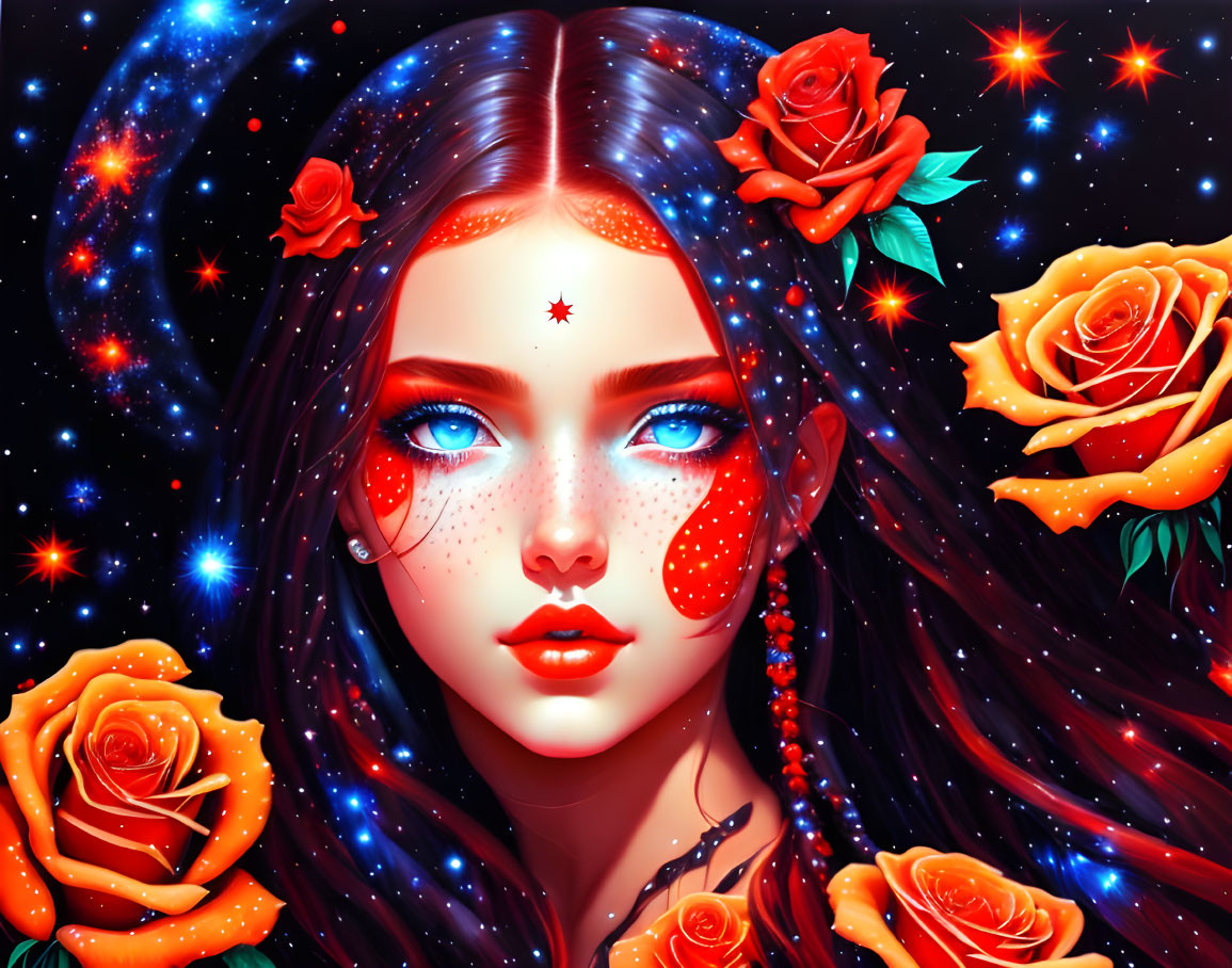 Digital Artwork: Woman with Galaxy Skin and Red Roses