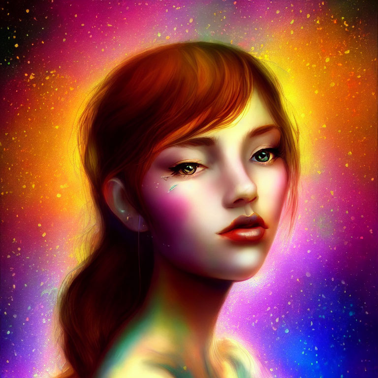 Vibrant cosmic portrait with yellow, orange, pink, and purple hues