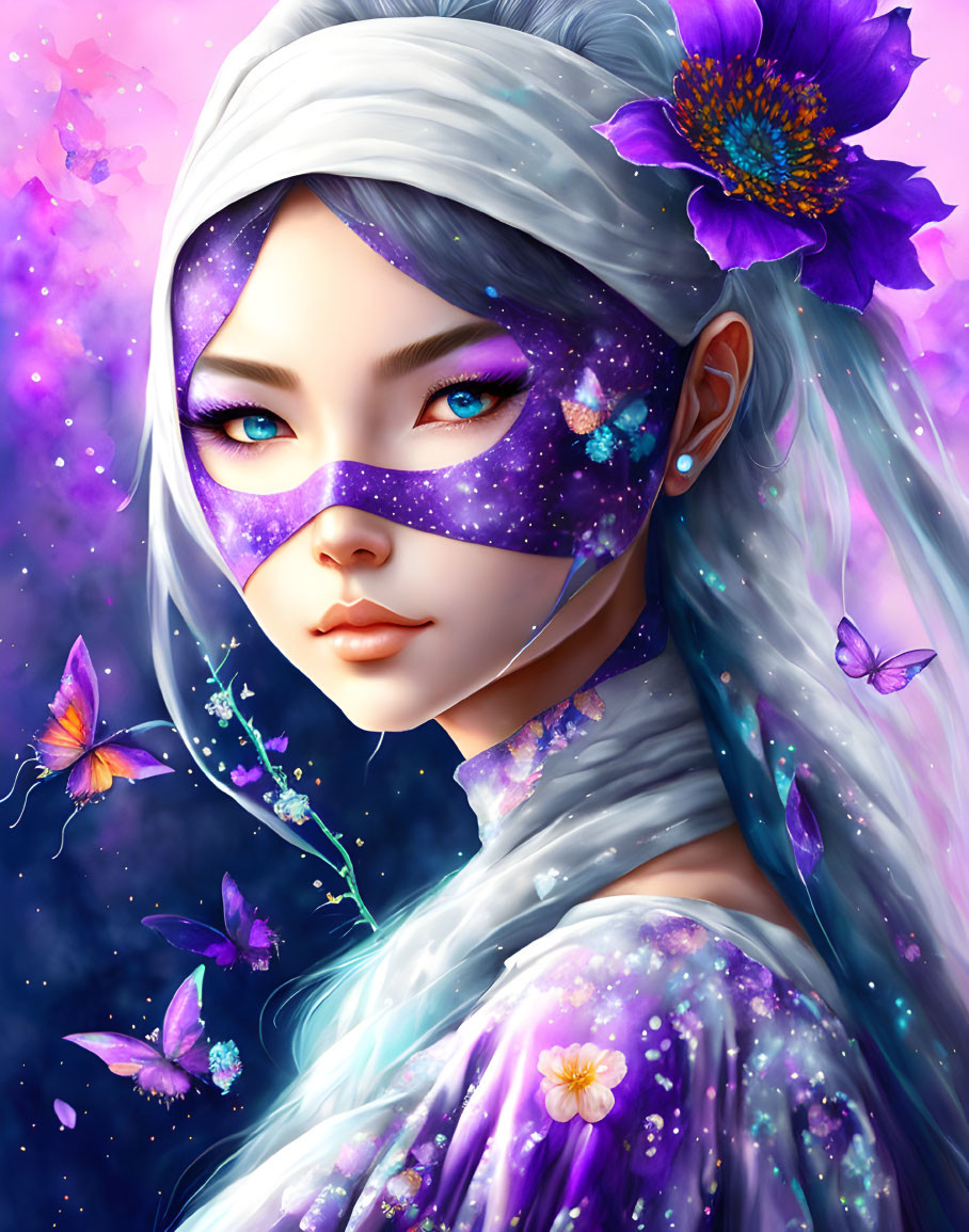 Woman with cosmic mask and white hair in butterfly-filled illustration