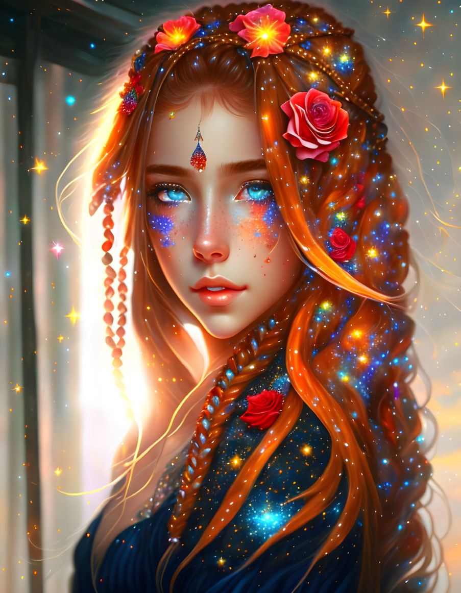 Illustration of girl with galaxy makeup, blue eyes, floral crown, and sparkling stars.