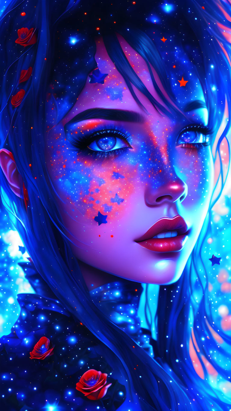 Cosmic-themed digital portrait of a woman with galaxy complexion and blue hair