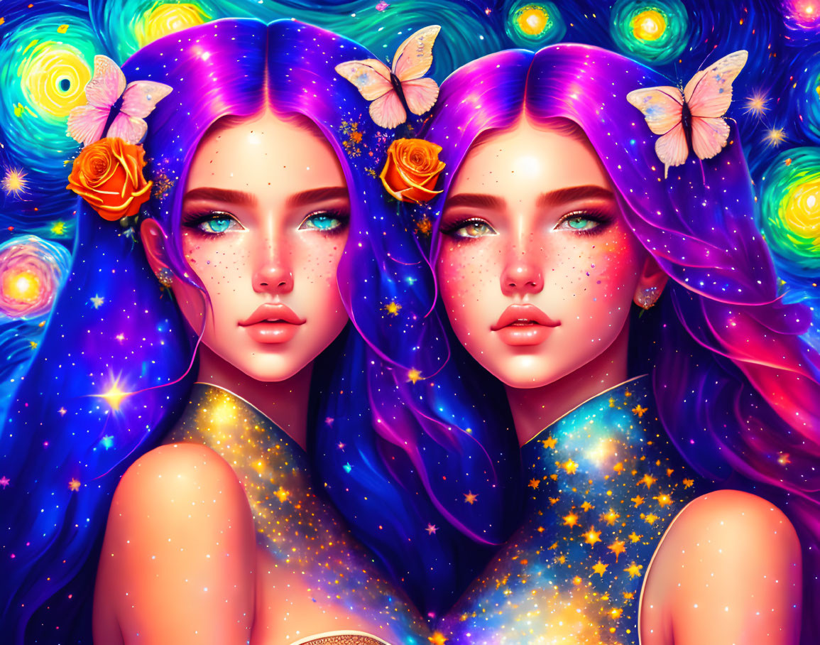 Identical Female Figures with Galaxy Hair, Butterflies, and Roses