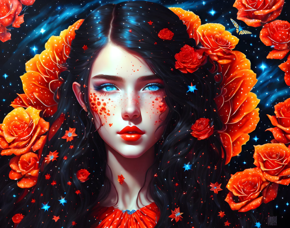 Digital artwork of woman with blue eyes in cosmic setting