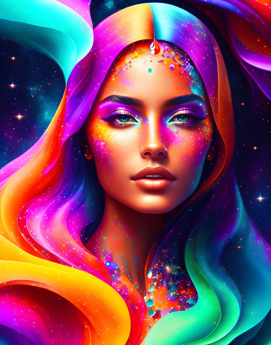 Colorful digital portrait of a woman with cosmic makeup and multicolored hair against starry backdrop