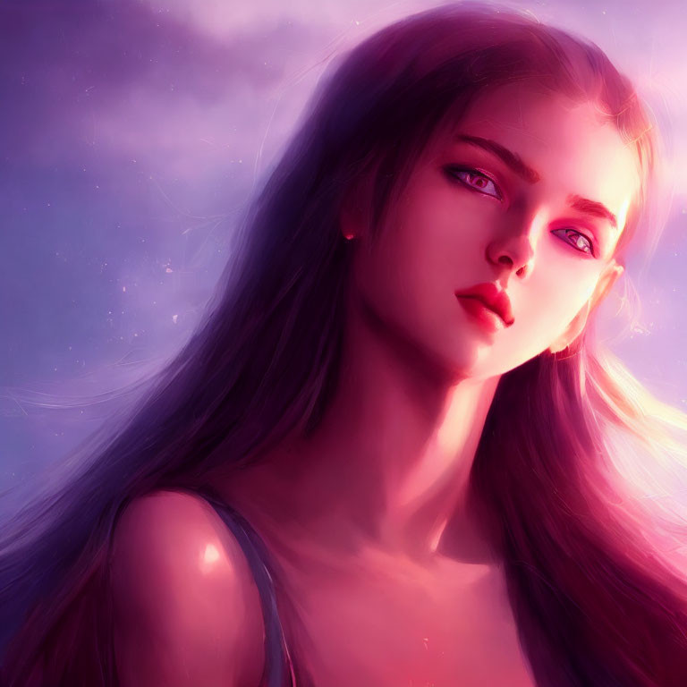 Digital artwork: Woman with flowing hair and pink eyes in purple sky