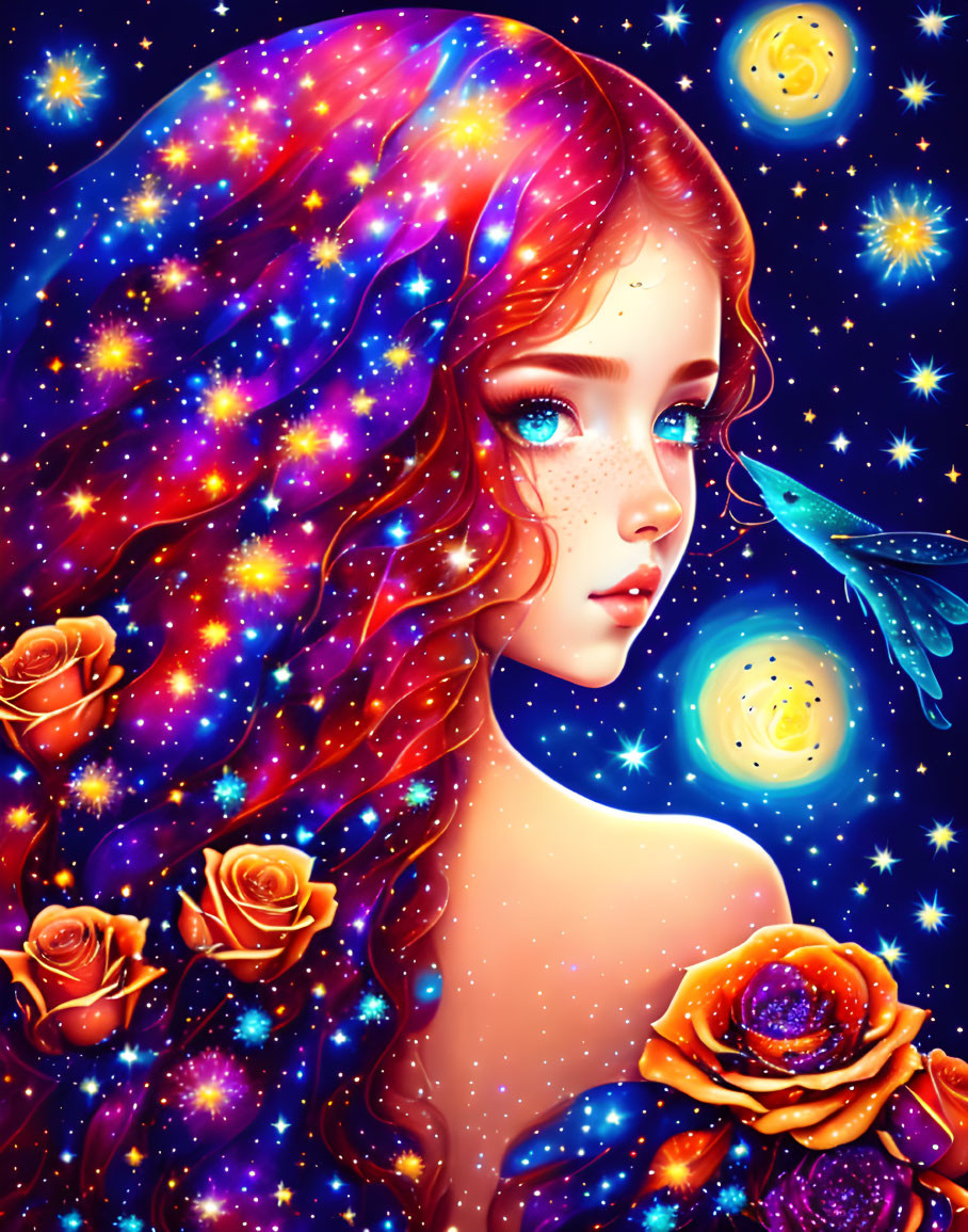 Stylized illustration of woman with galaxy hair and roses, blue hummingbird, cosmic backdrop