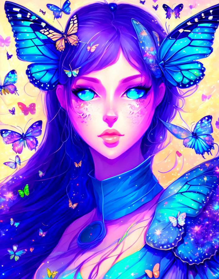 Colorful illustration of person with butterfly wings ears, surrounded by butterflies in blue and purple hues.