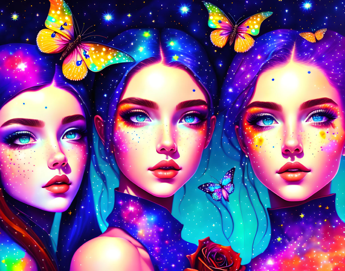 Colorful Stylized Female Faces in Starry Space Environment