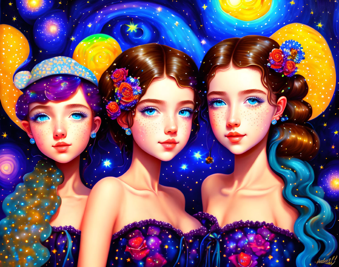 Illustrated Girls with Starry Hair in Cosmic Dresses against Space Background