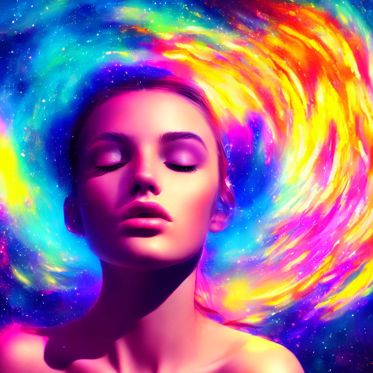 Serene woman against vibrant cosmic background