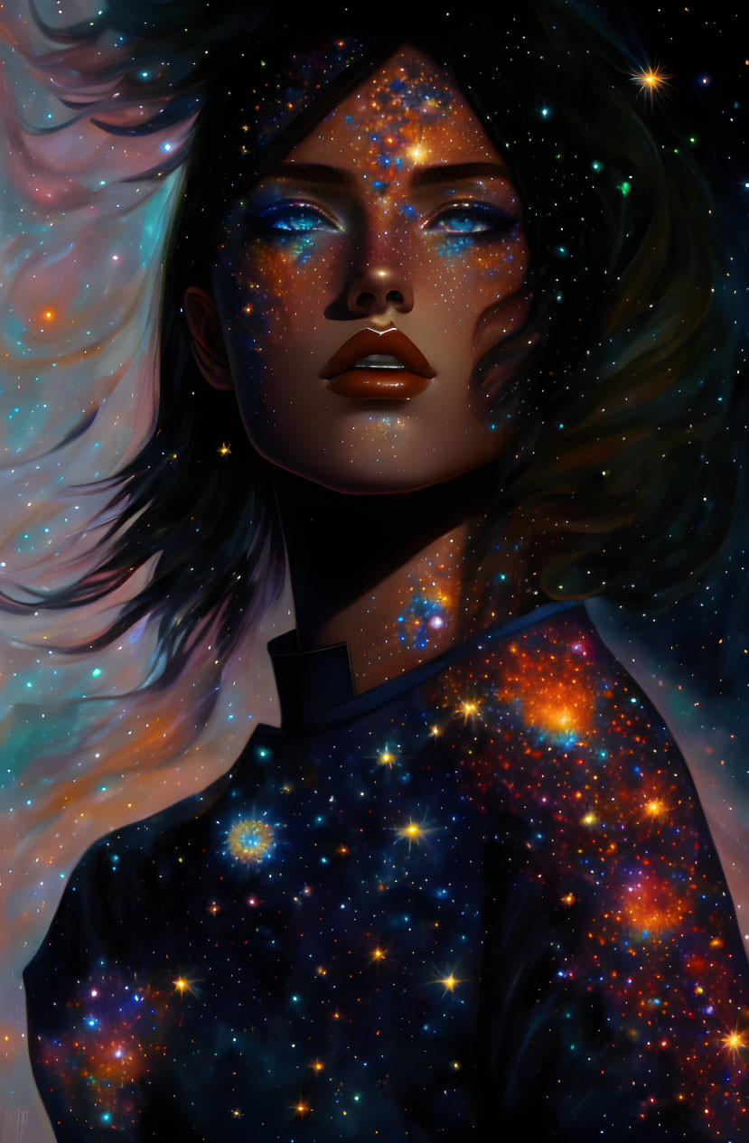 Cosmic-themed portrait of a woman in starry attire