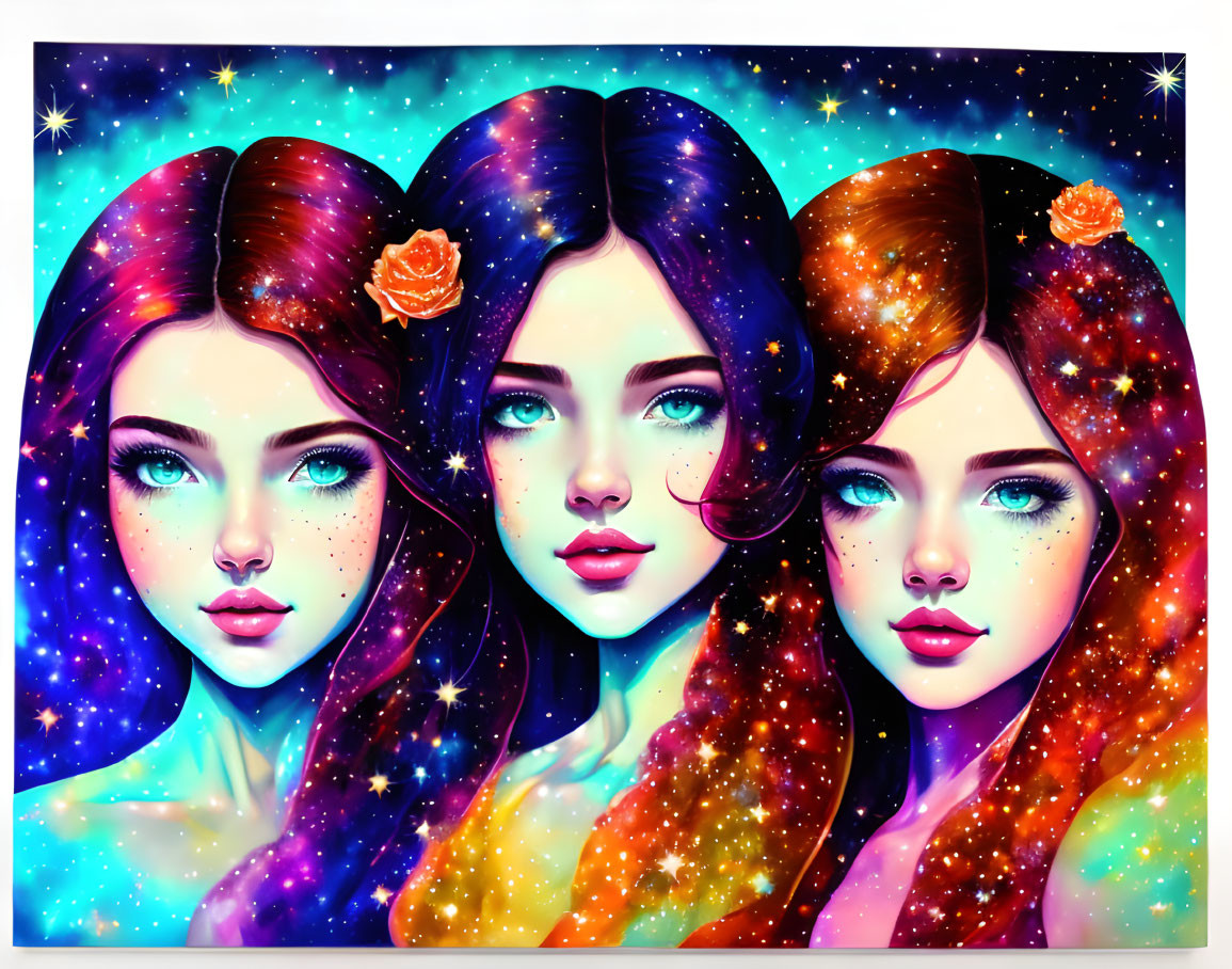 Three women with cosmic-themed blue, purple, and orange hair, adorned with glowing roses, against a