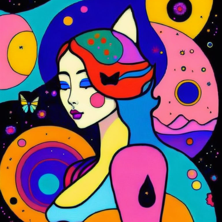 Colorful cosmic setting with stylized woman wearing cat mask and butterfly.