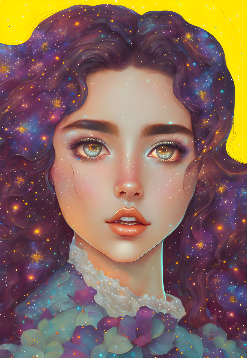 Cosmic-themed digital portrait of a woman with starry hair and expressive eyes