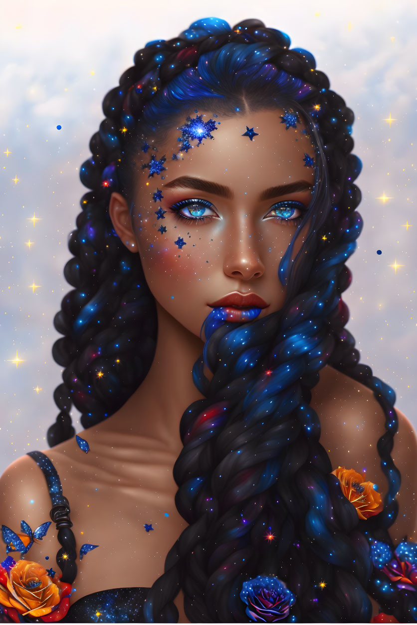 Woman with deep blue starry hair and vibrant blue eyes adorned with celestial motifs and orange flowers.