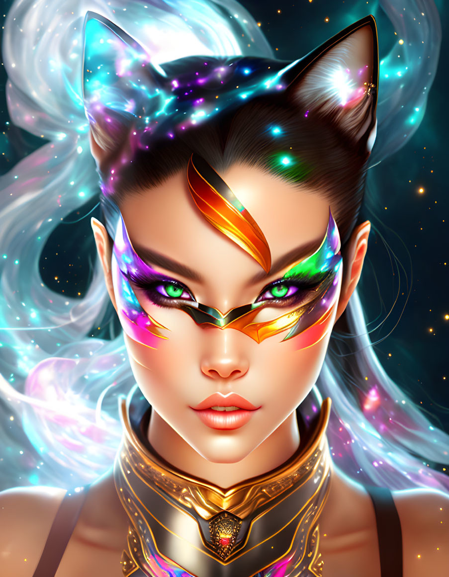 Cosmic-themed digital art portrait of a woman with feline features