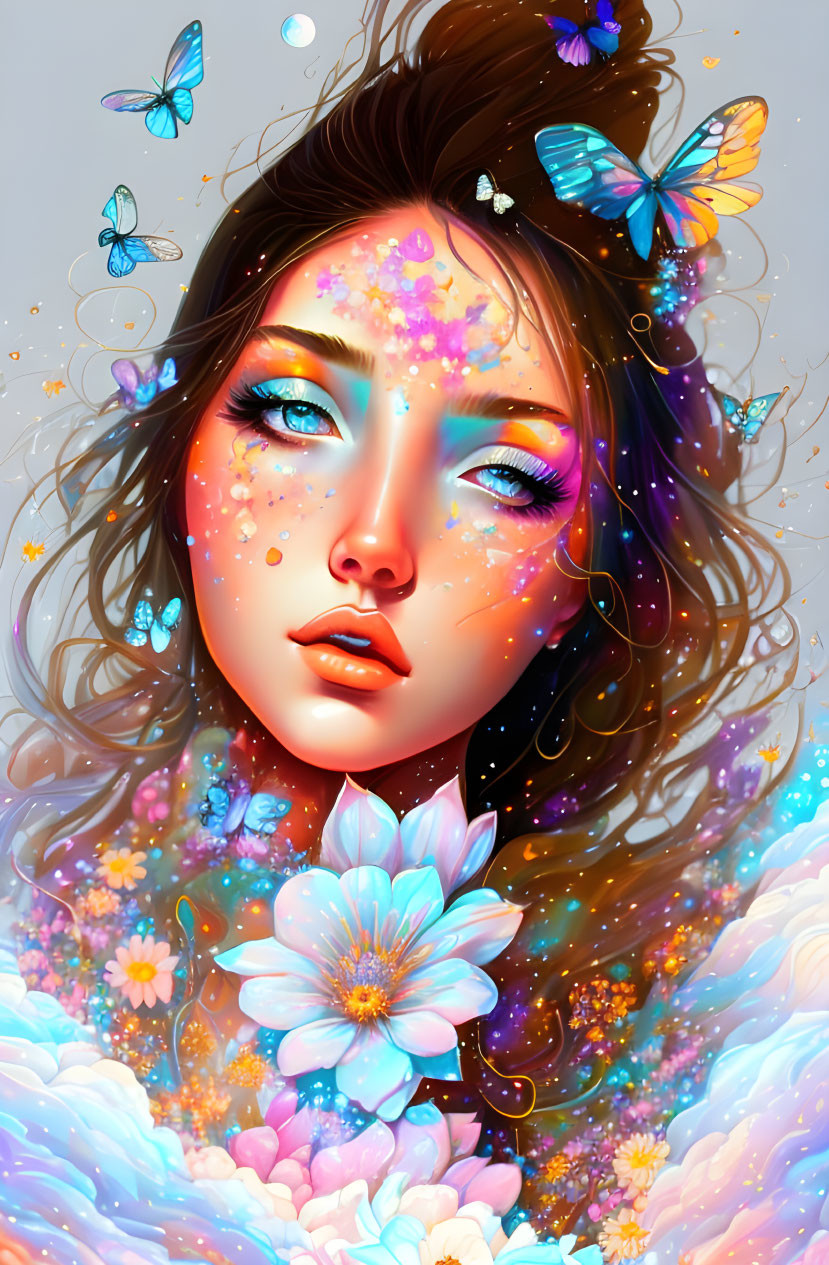 Colorful Digital Art Portrait of Woman with Flowers and Butterflies