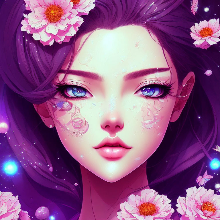 Vivid digital illustration of woman with blue eyes and purple hair