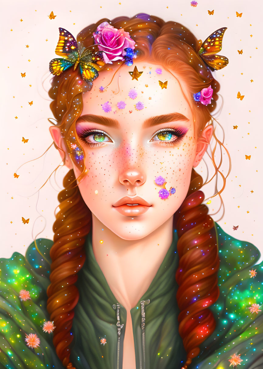 Portrait of young woman with red braided hair, freckles, green eyes, butterfly clips,