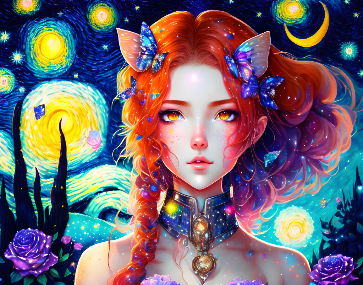 Digital art of female figure with cat ears, red hair, and Van Gogh-inspired night sky