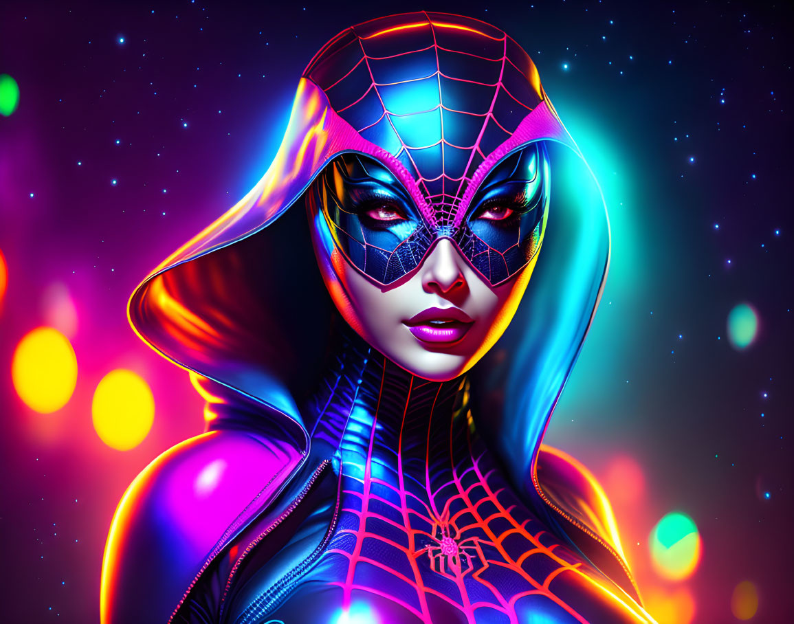 Colorful digital art of a woman in spider-themed superhero costume against cosmic nebula.