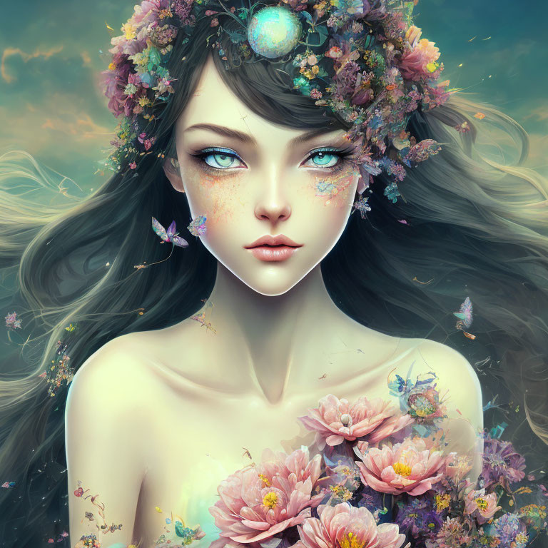 Woman with flowing hair and floral wreath in ethereal setting