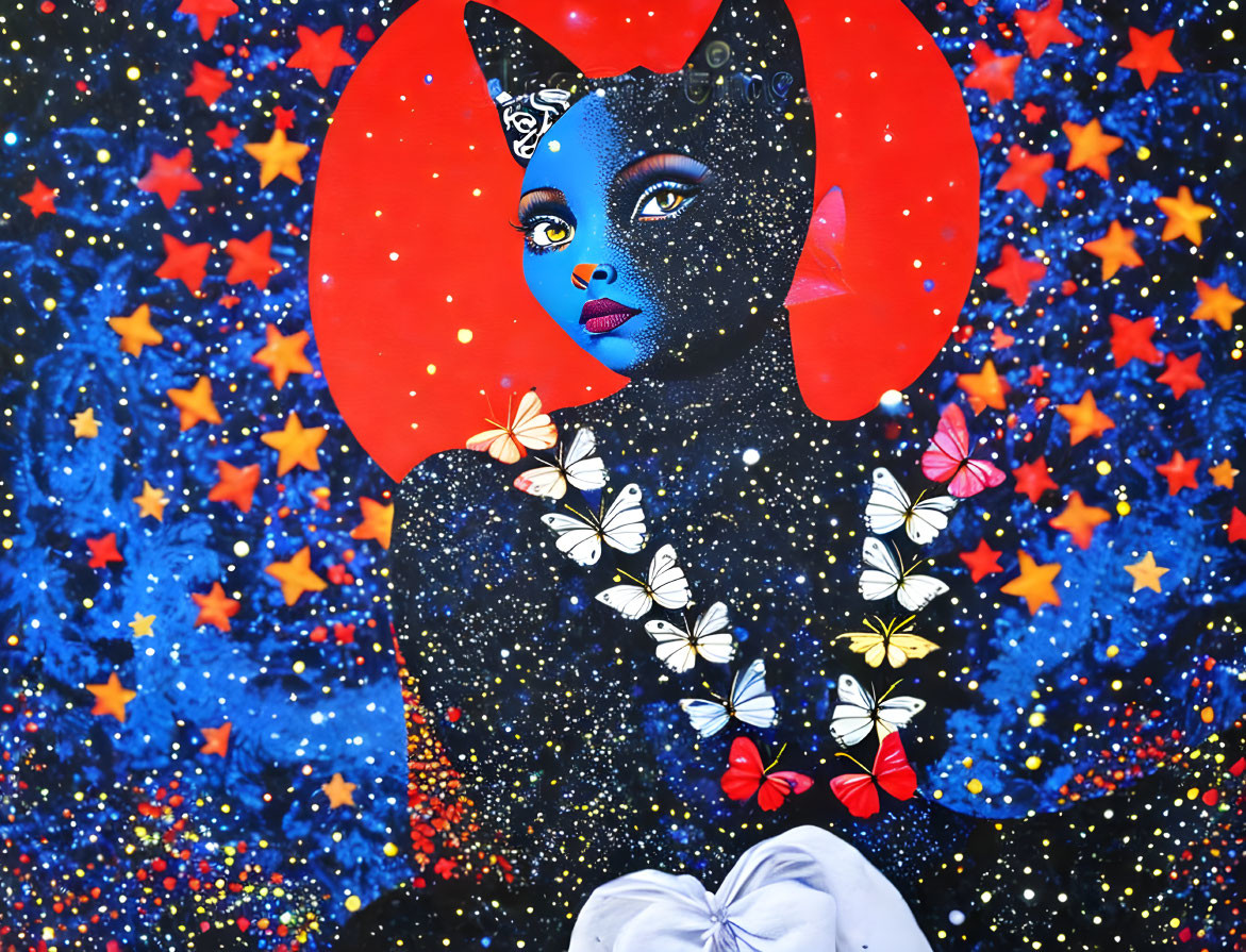 Colorful artwork: Blue-skinned woman with stars, moons, and butterflies on cosmic backdrop