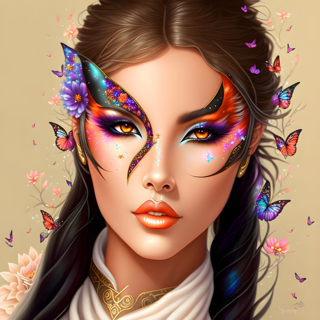 Digital portrait of woman with galaxy makeup, butterfly adornments, and floral elements on beige background