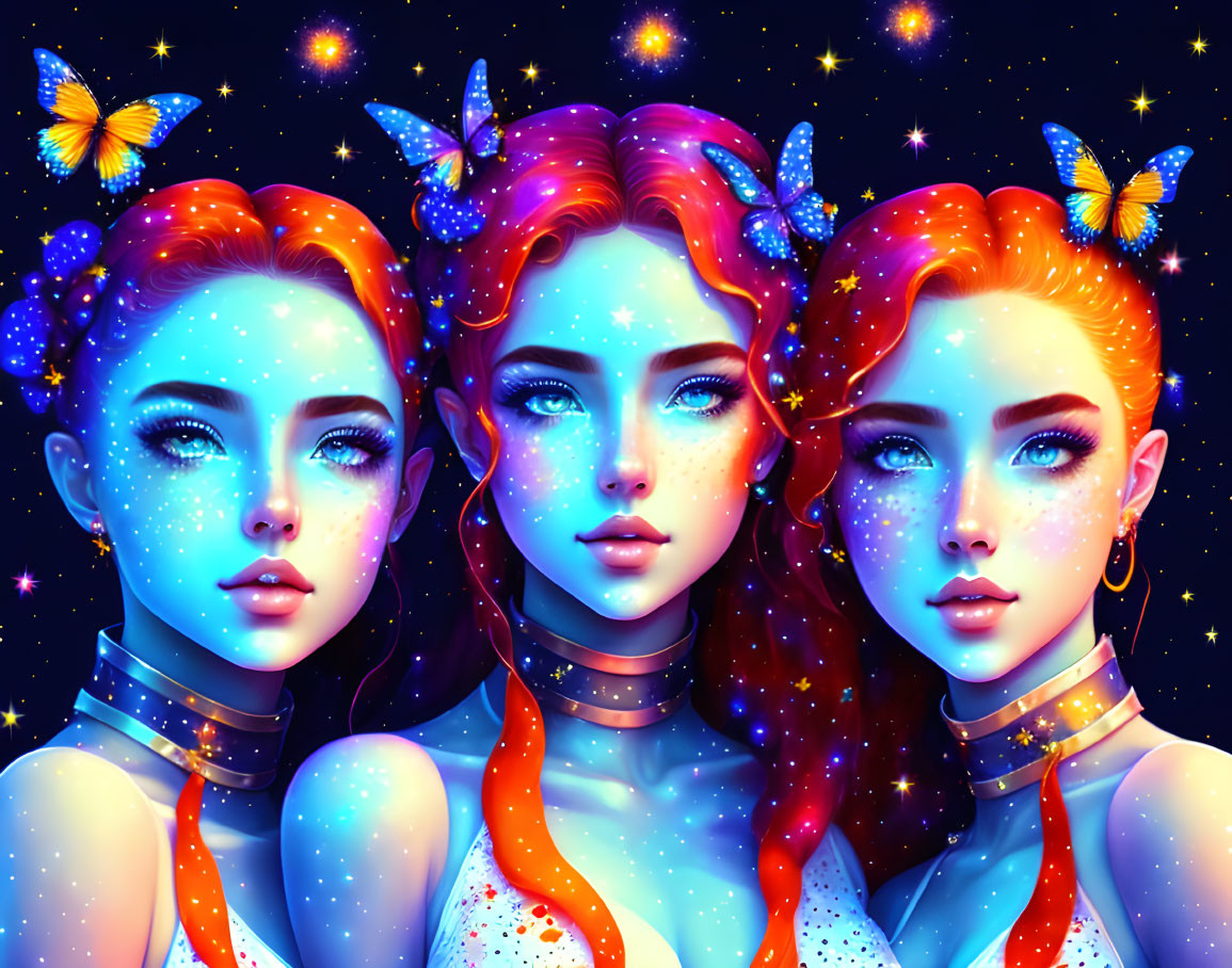 Vibrant female figures with red hair and celestial motifs amid starry background