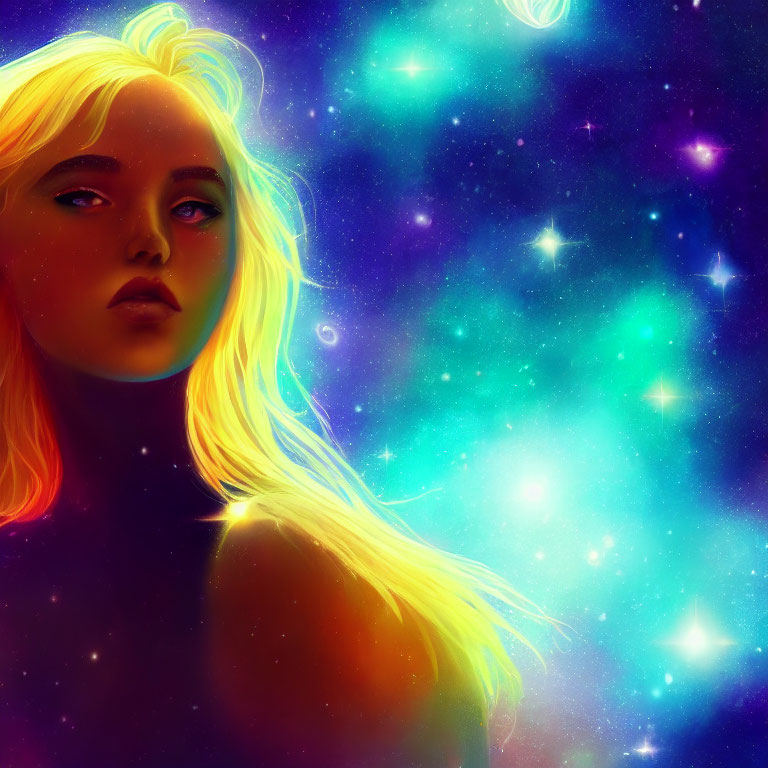 Blonde Woman in Cosmic Digital Artwork