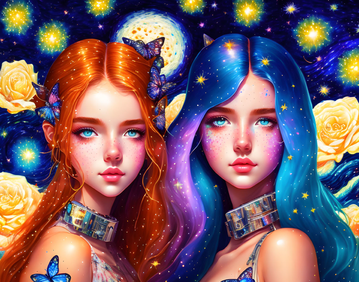 Galaxy-themed hair animated girls with butterflies and roses on cosmic background