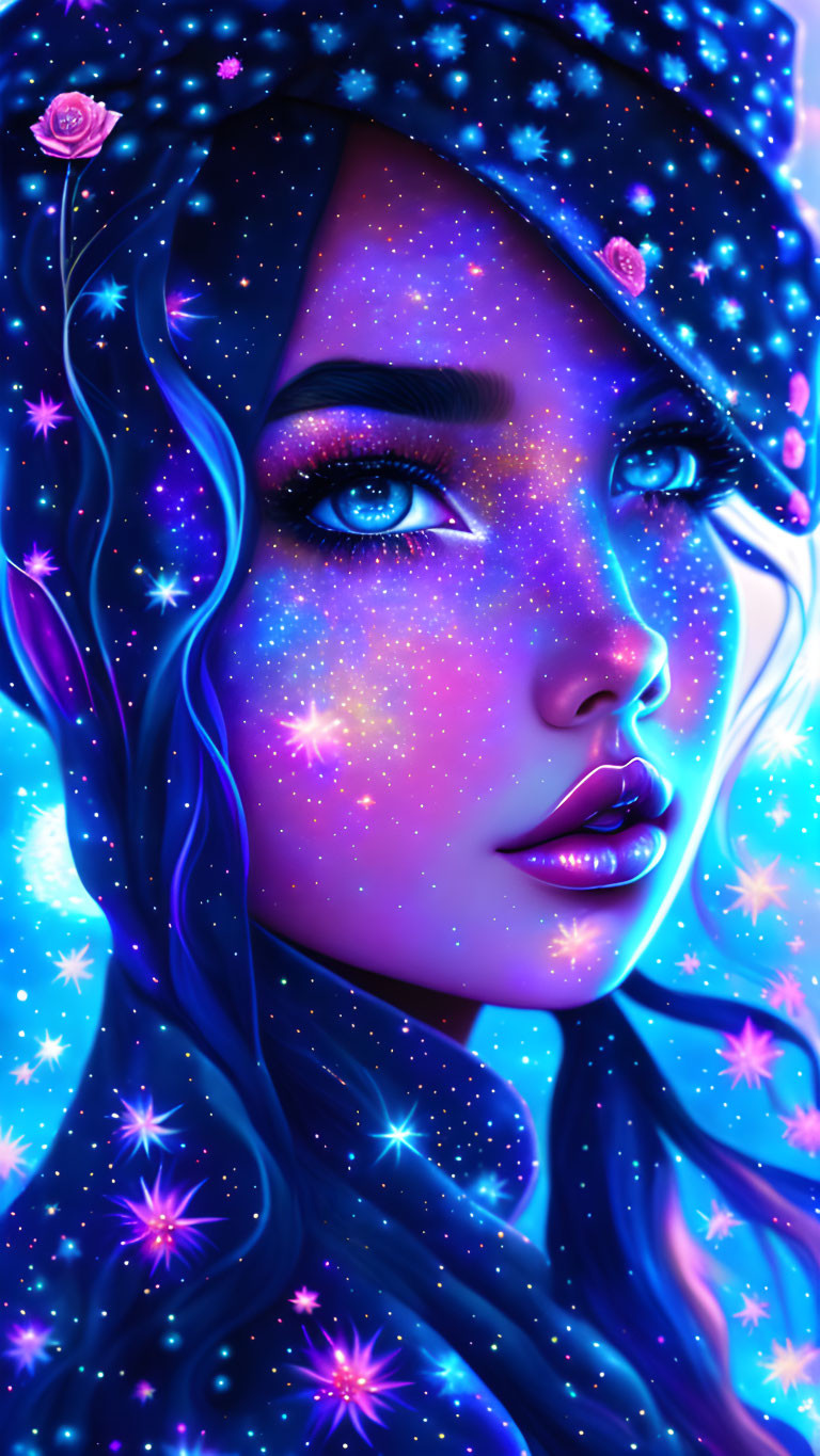 Digital artwork: Woman with star-infused blue skin and cosmic eyes in galaxy-themed hood with rose