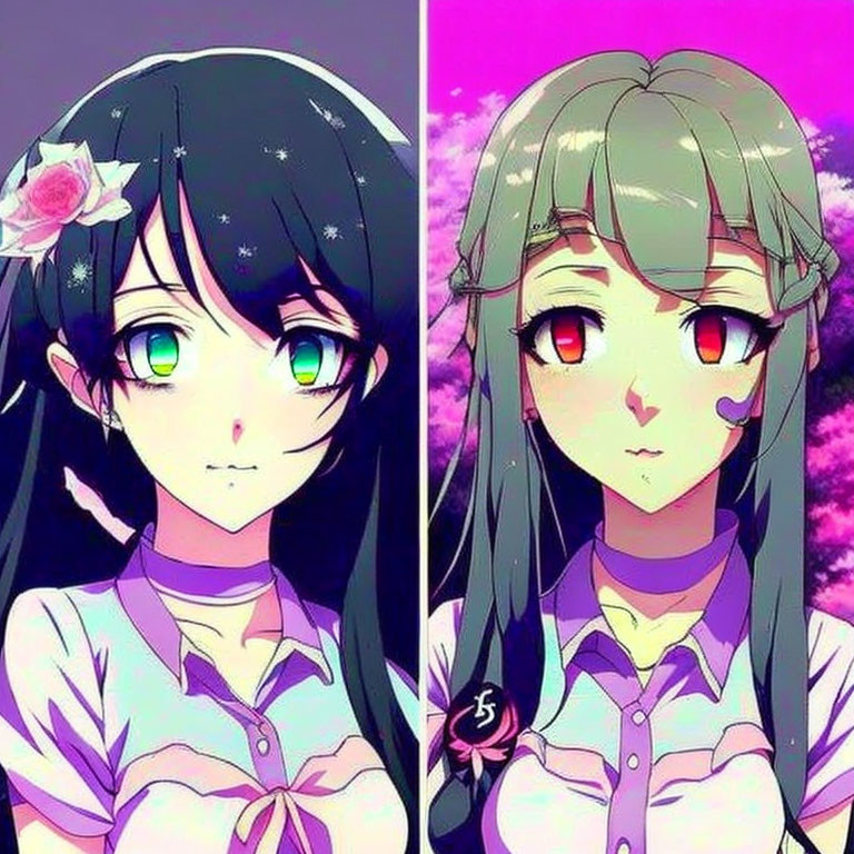 Stylized animated female characters with green eyes, one with black hair and flower decor, the other