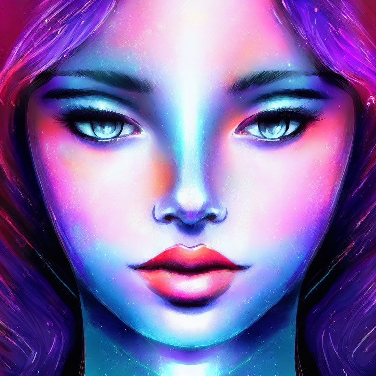 Colorful digital painting of a woman with luminous blue eyes and neon pink and blue hues