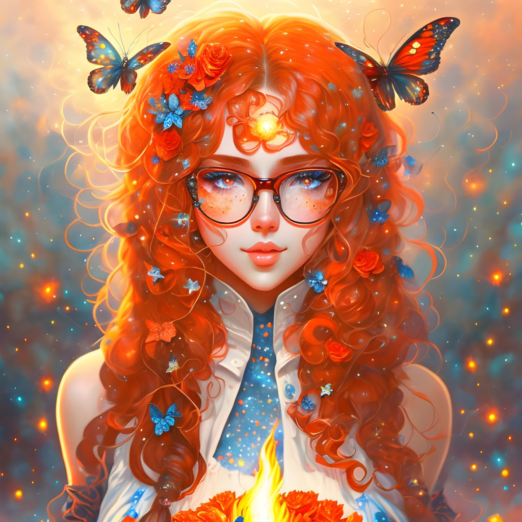 Red-haired woman with glasses surrounded by flowers, butterflies, and mystical elements