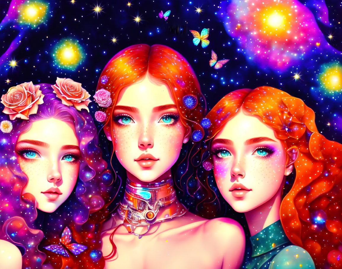 Ethereal female figures with red hair and flowers in cosmic setting