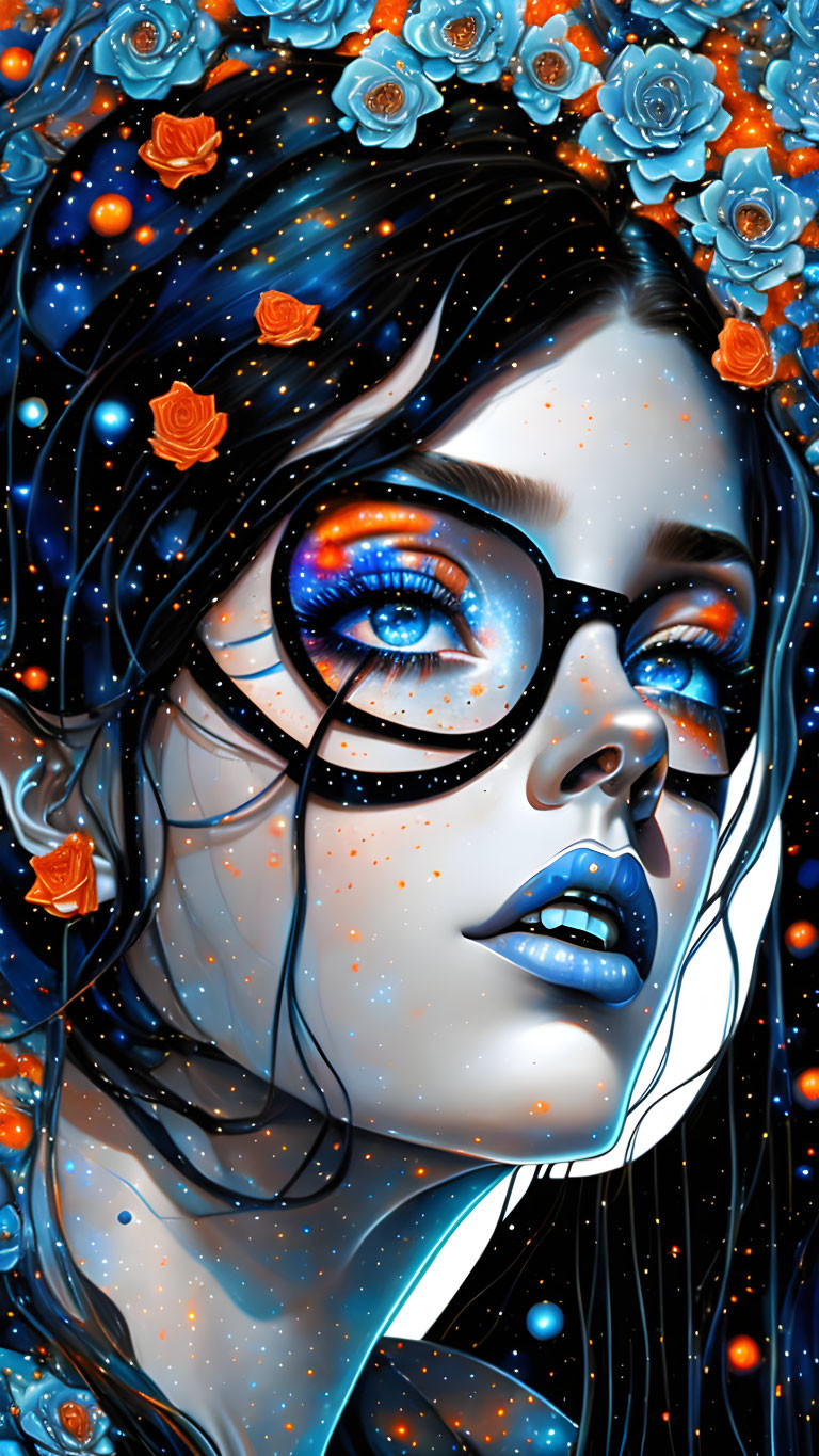 Woman with cosmic eyes, blue lips, flowers in hair, against starry backdrop