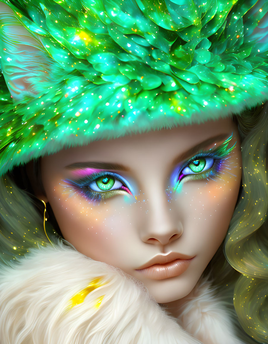 Striking Green-Eyed Person in Vibrant Makeup and Sparkling Cap